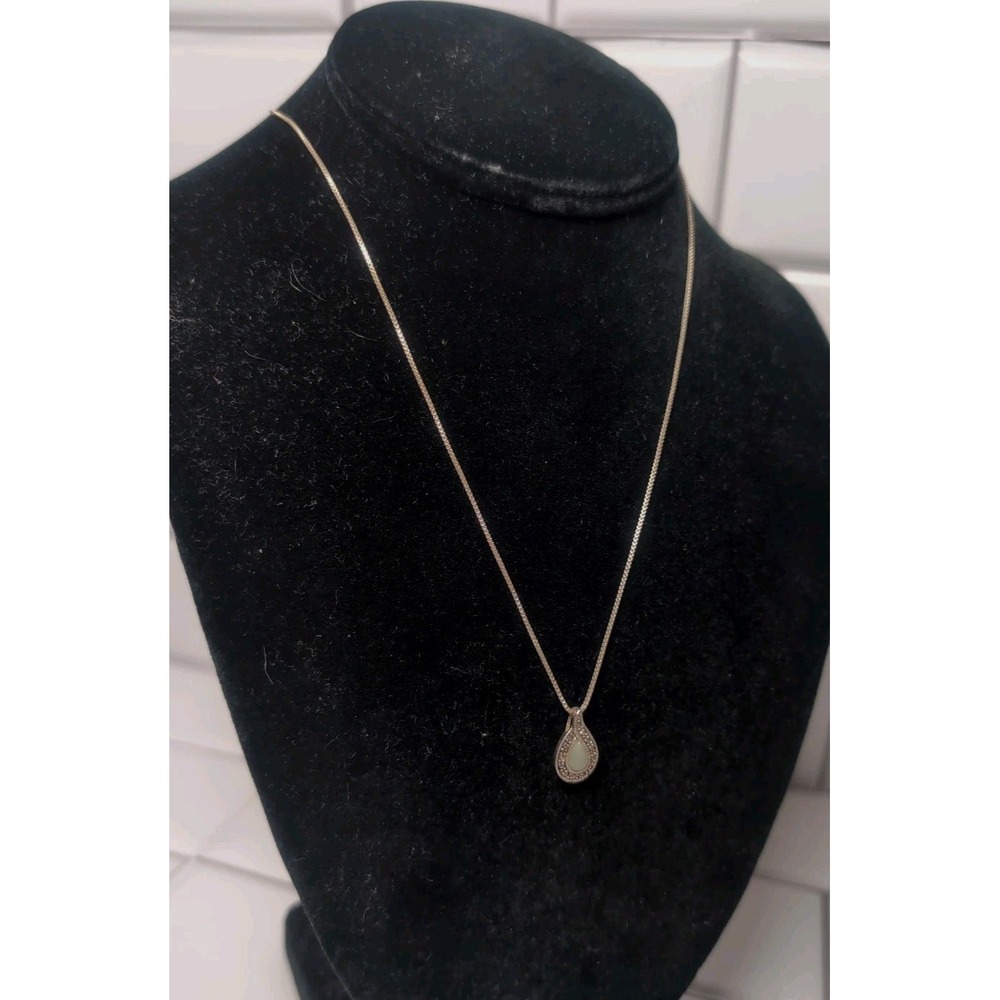 Vintage 925 NV Sterling Silver Jade Marcasite Teardrop Pendant 10" Necklace - Picture 3 of 11